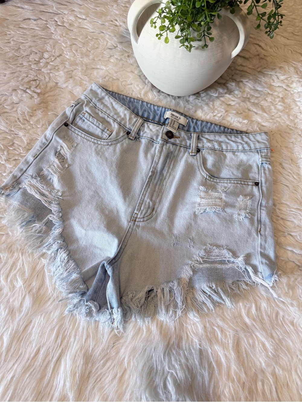 Forever 21 Light Wash Distressed Denim Cutoff Shorts